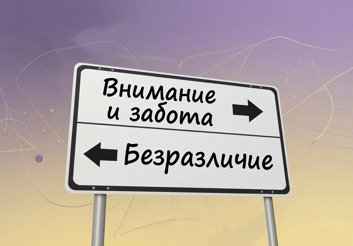 Дорожный указатель с двумя направлениями: «Внимание и забота» направо и «Безразличие» налево — метафора удержания клиентов и оттока в активной клиентской базе